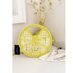 ♠️ Kate Spade ~ Lemon Drop Crossbody Yellow Leather Rattan Top-Handle Bag